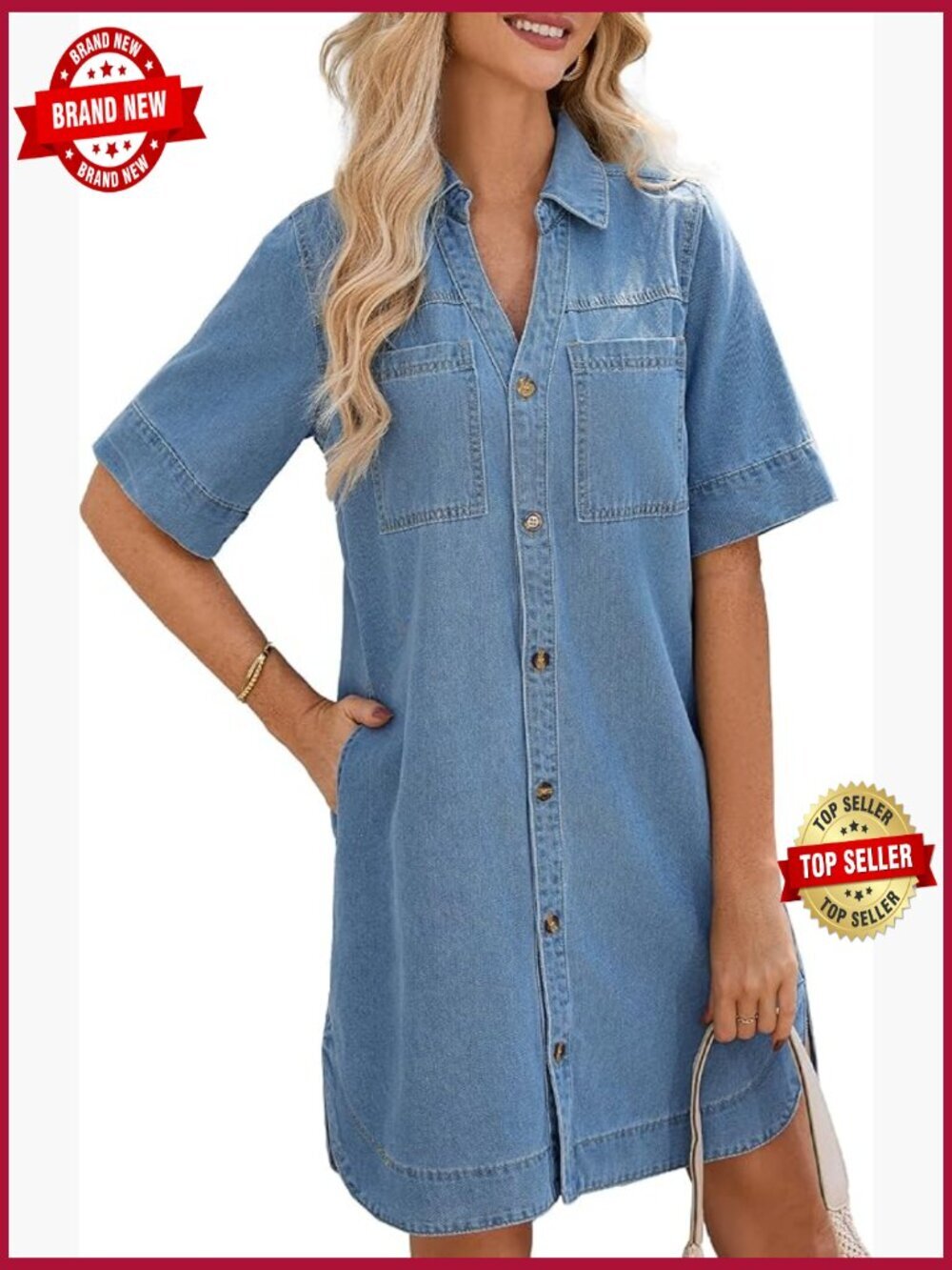 Denim Shirt Dress Short Sleeve Button Down Loose Fit Collared V Neck Curved Hem